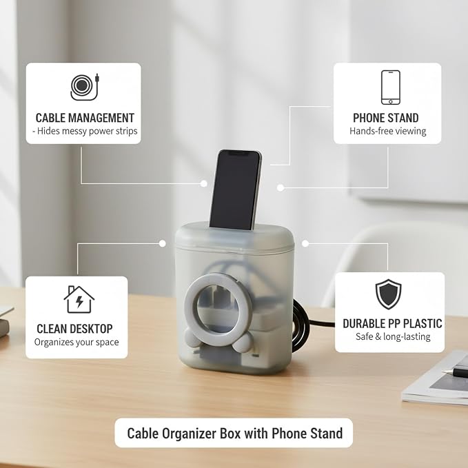 Desktop Cable Organizer Box, Compact Cord Management for Cables & Chargers, PP Plastic Case
