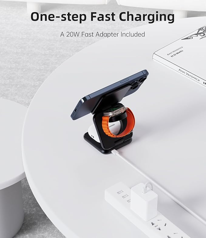 Foldable Magnetic Wireless Charger, KU XIU X40 Aluminum Alloy 3 in 1 Charging Station for Apple, Fast Charging Travel Charger for iPhone 17 16 15 14 13 12, 5W for Apple Watch & AirPods, Black