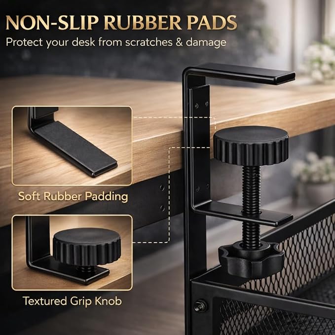 Under Desk Cable Management Tray – 25” Metal Cable Organizer with Clamp Mount, No Drill Wire Management Rack for Office & Home Desk (Black)