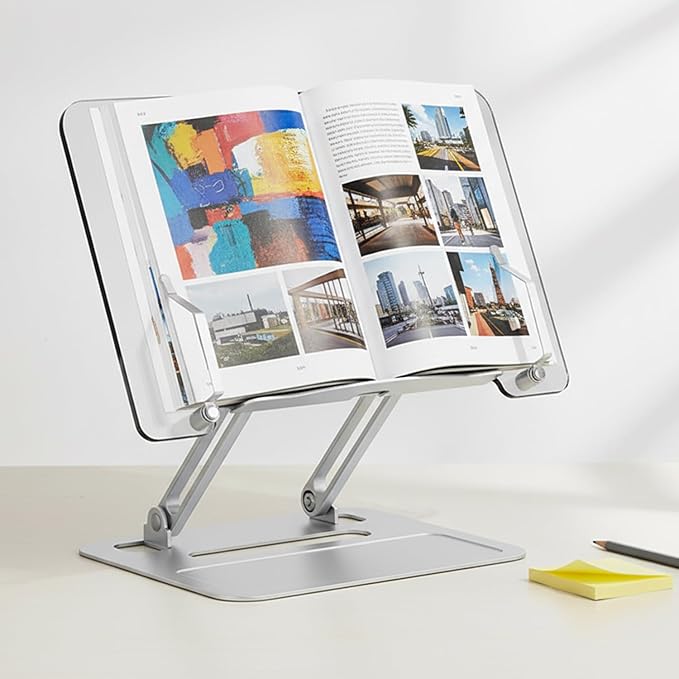 Acrylic Adjustable Book Stand, Reading Stand with Lift Design, High-Density Alloy Desktop Document Holder for Document Recipe, Cookbook, Music Book (Silver)