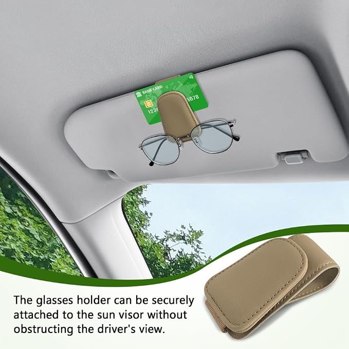 Sunglass Holder for Car, Sunglasses Clip for Car Visor, Magnetic Leather Vehicle Eyeglass Hanger Clip, Auto Ticket Card Glasses Organizer Clamp Accessories for SUV Sedan (Beige)
