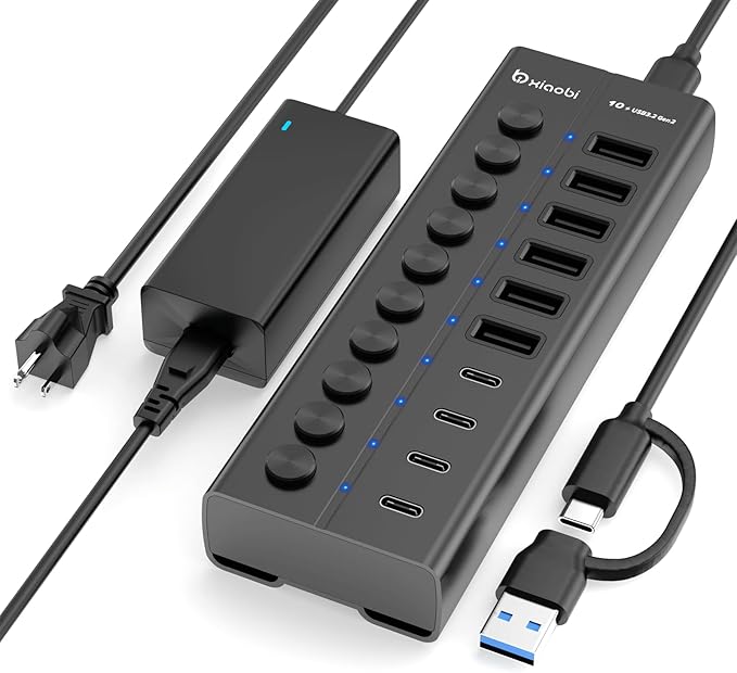 Powered USB Hub, 10-Port USB C Hub with 6 USB-A 3.2, 4 USB-C 3.2 Ports, Individual Switches and 12V/5A Power Adapter, Aluminum USB Extension for MacBook, Laptop/PC and More(Black)