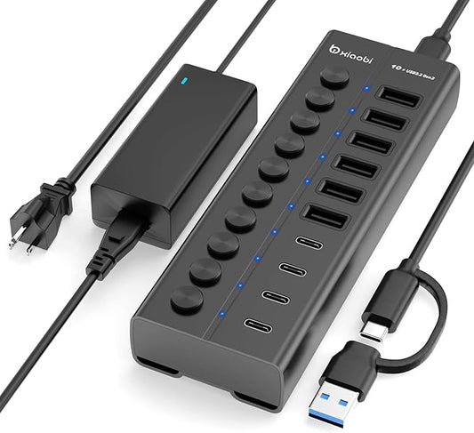 Powered USB Hub, 10-Port USB C Hub with 6 USB-A 3.2, 4 USB-C 3.2 Ports, Individual Switches and 12V/5A Power Adapter, Aluminum USB Extension for MacBook, Laptop/PC and More(Black)