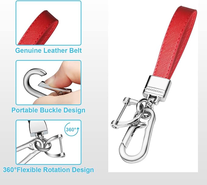 QBUC Genuine Leather Car Keychain,Universal Heavy Duty Metal Key Chain Accessories,Car Fob Key Keychain Holder with 360 Degree Rotatable Snap Swivel and Anti-Lost D-Ring for Men Women（Red）