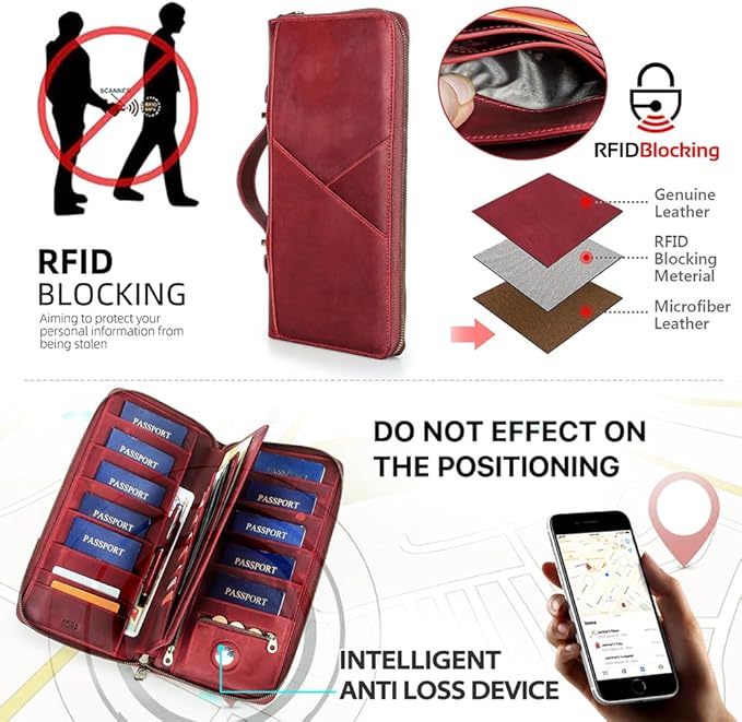 CONTACTS Family Passport Holder for 10 Full Grain Leather Compatible with Airtag Passport Holder Family Travel Document Organizer Multiple Rfid Blocking Passport Wallet (Red)