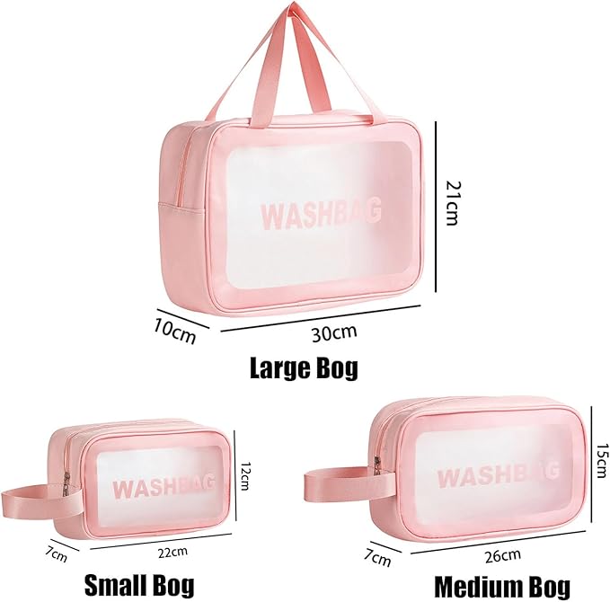 BIRDDIE Clear Travel Bags for Toiletries,3 Pack Toiletry Bag,Matte Translucent Toiletry Bag,Makeup Bag With Handy Handle,Travel Pouch,Makeup Cosmetic Organizer for Travel Essentials(Pink)