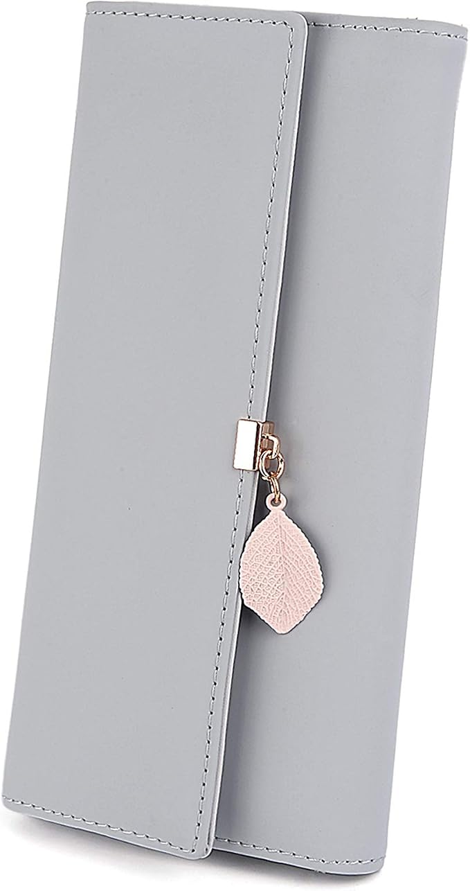 UTO RFID Wallet for Women PU Leather Leaf Pendant Card Holder Phone Checkbook Organizer Zipper Coin Purse | Leaf Pendant