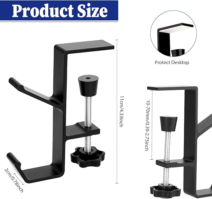 Jeffdad Metal Headphone Hook, Headphone Hanger with Double Hooks, Universal Aluminum Alloy Gaming Headphone Stand Under Desk, Non-Slip Adjustable Desk Headphone Hanger Hook