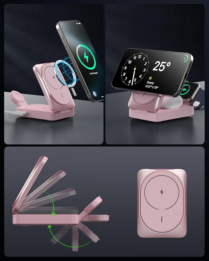 3 in 1 Wireless Charger Charging Station for iPhone,Travel Foldable Magnetic 15W Fast Wireless Charger Stand for Mag-Safe with 30W USB C Adapter for iPhone 17/16/15/14/13/12,Apple Watch,AirPods