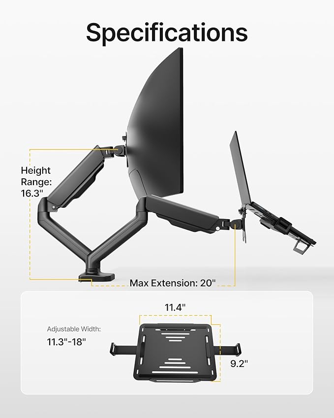 monTEK Laptop Arm Mount for Desk for Max 32” Screen and 18” Notebook, Dual Monitor Stand with Adjustable Laptop Holder, Holds up to 19.8 lbs, Full Motion Arm with Clamp/Grommet Base, 75/100 VESA Mount