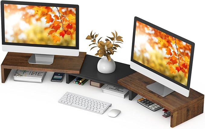 TAVR Dual Monitor Stand Riser, Computer Monitor Stands for 2 Monitors, Extra Long Multifunctional Wooden Desktop Organizer Riser for Computer, Laptop, PC, Printer, TV, Max 43.3" Length, Rustic Brown