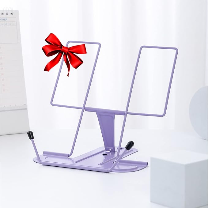 MSDADA Metal Book Stand for Desk, Adjustable Reading Rest Book Holder, Portable Cookbook Documents Holder, Sturdy Typing Stand for Recipes Textbooks Tablet Music Books with Page Clips (Purple)