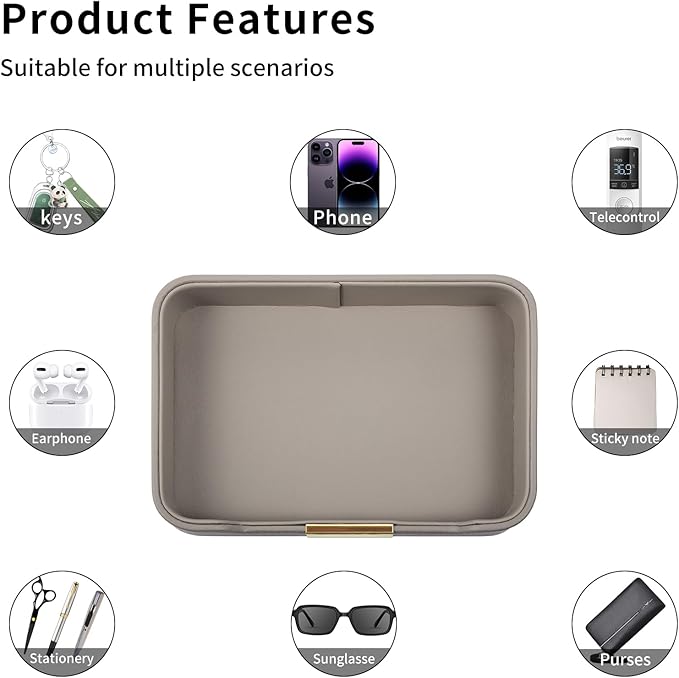 Luxury Leather Valet Tray Desktop Storage Organizer,Bedside Vanity Catchall Tray Nightstand Caddy Holder for Cosmetic,Jewelry,Watch,Keys,Phone,Wallet,Remote Controller,Pen,Gray