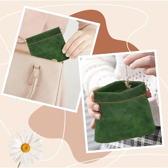 Genuine Leather Small Coin Pouch Change Bag Holder Pocket Cosmetic Bag Mini Squeeze Coin Wallet Purse Portable Cowhide Travel Makeup Lipstick Pouch Crimp Closure for Women Men