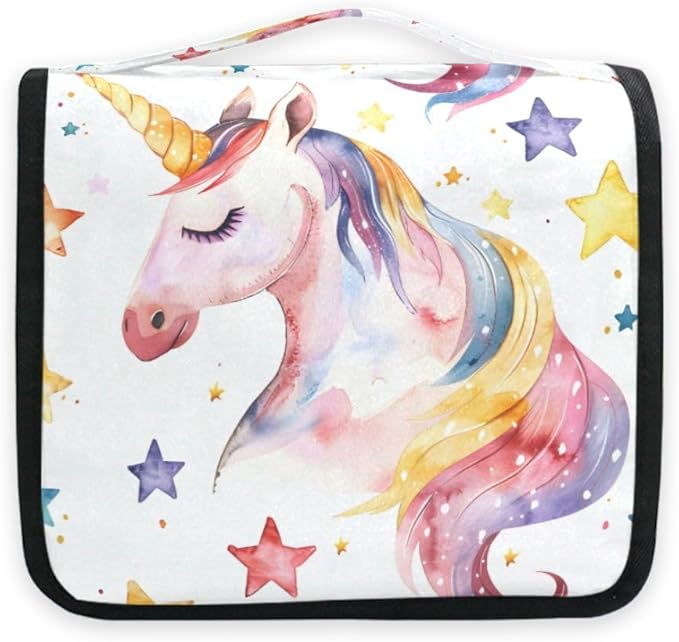 senya Hanging Travel Toiletry Bag Cute Kit Makeup Case Cosmetics Organizer for Men Women (Unicorns Face Pale Yellow Stars)
