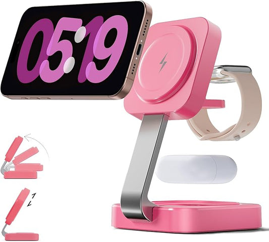 2026 Traveling Wireless Magnetic Fast Charging Station,3 in 1 Charger with i Phone 17 16 15 14 13 12 Pro Max Plus,Apple Watch Series & Air pod 4 3 2 Pro-Gifts for Wife & Husband(Rose Red)