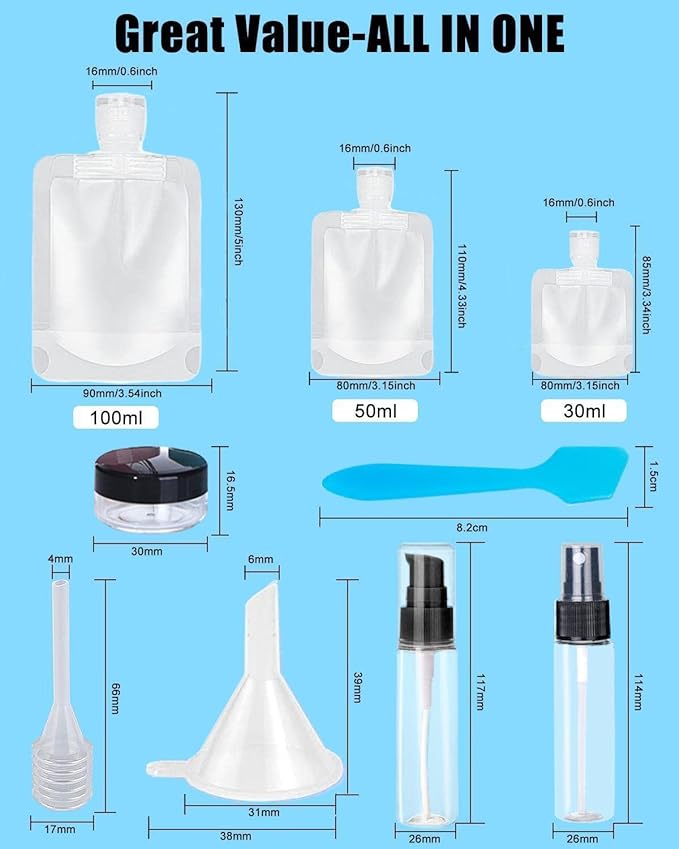SEQUHITKU 17 Pack Travel Pouches for Toiletries,TSA Approved,Portable Containers,Stand Up Pouch,Refillable Travel Accessories for Shampoo Conditioner Lotion Soap Liquids (A-17pcs)