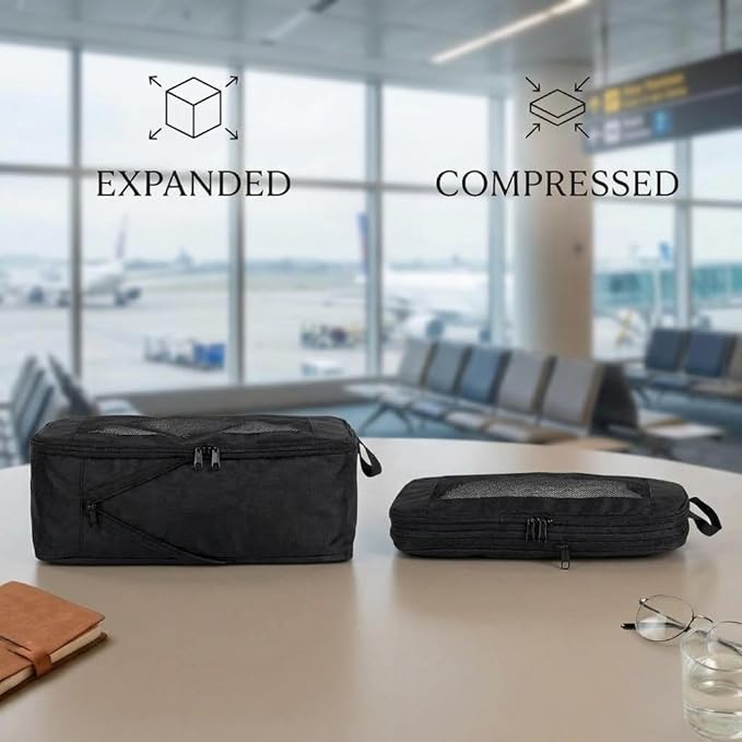 G-FORCE 3PC Compression Mesh Mid-Rectangular Packing Cube Set Black Color | Space Saver Travel Organizer | Luggage Compression Cubes