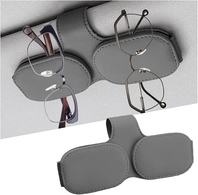 Sunglasses Holders for Car Visor, Magnetic Leather Vehicle Glasses Hanger with 2 Clips, Auto Interior Eyeglass Mount Organizer Accessories, Universal Fit (Gray)