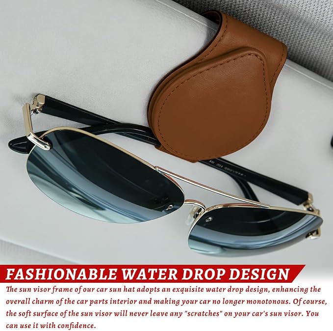 Sunglasses Holders for Car Visor, PU Leather Car Organizer, Magnetic Glasses Holder and Ticket Card Clip, Multi-Functional Auto Sun Visor Eyeglass Holder for Most Vehicles (Brown)