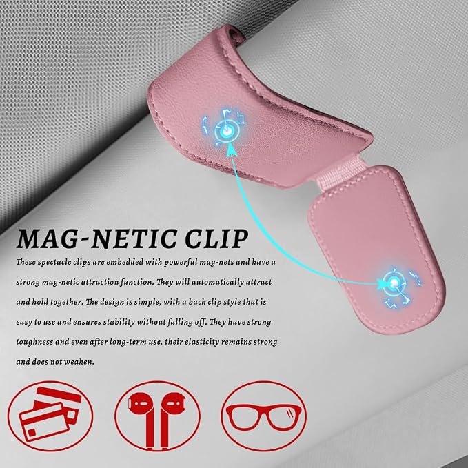 Sunglass Holder for Car, Car Sunglass Holder, Magnetic Leather Sunglasses Holder and Ticket Card Clip, Auto Multi-Functional Sun Visor Eyeglass Holders for SUV Pickup Truck (Pink)