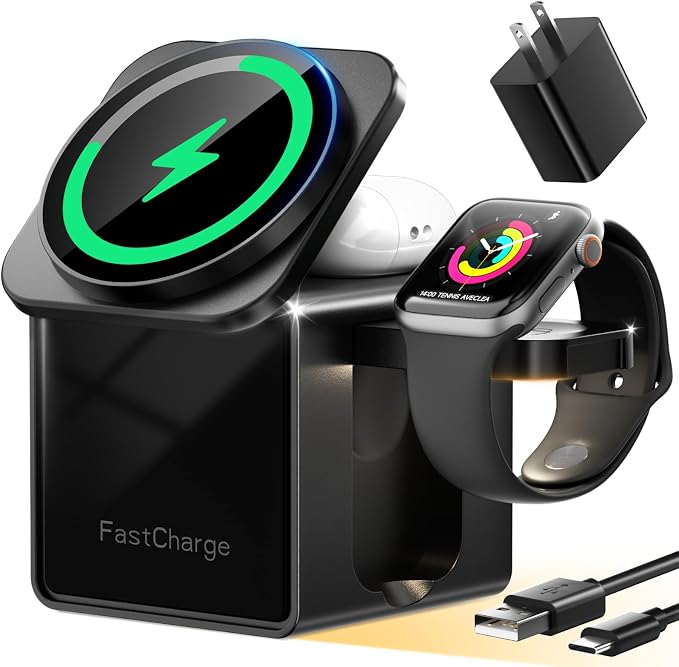 3-in-1 Wireless Charging Station for MagSafe, Fast 15W Magnetic Charger Stand for iPhone 17 16 15 14 13 12, Apple Watch & AirPods, Foldable Travel Charger with Night Light (18W Adapter Included)