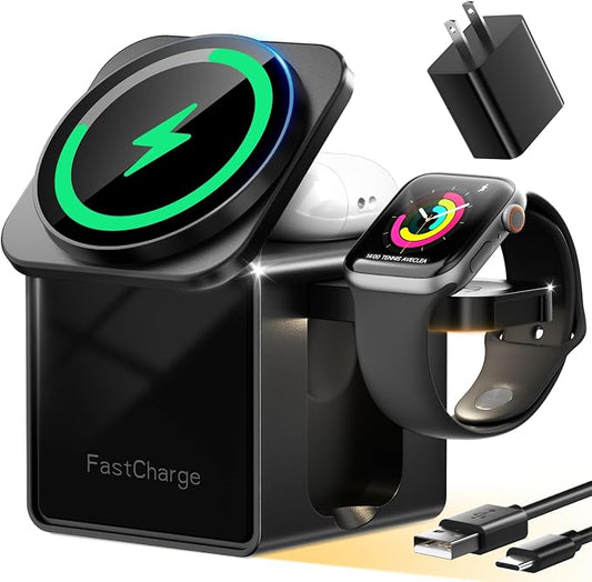 3-in-1 Wireless Charging Station for MagSafe, Fast 15W Magnetic Charger Stand for iPhone 17 16 15 14 13 12, Apple Watch & AirPods, Foldable Travel Charger with Night Light (18W Adapter Included)
