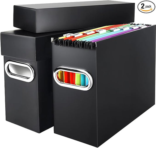 File Organizer Box with Lid & Handle, Thickened Cardboard Hanging File Folder Storage Boxes for Letter Size, Portable Filing Organizer for Office, Home, Classroom, Black 2 Pack