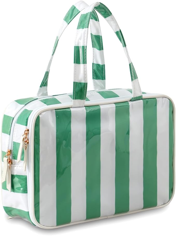 Travel Toiletry Bag for Women, Waterproof Clear Coated Portable Stripe Makeup Cosmetic Bag with Compartment, Travel Organizer for Shampoo, Conditioner, Brushes Set,Cosmetic Accessories(White-Green)