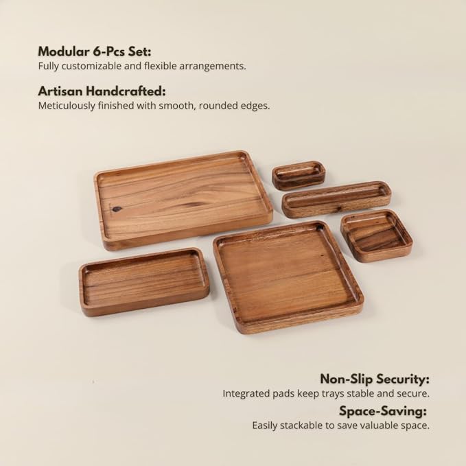 Premium Wooden Stackable Modular Desk Organizer Tray: Set of 6-Pieces Nested Acacia Wood Storage Trays for Office, Kitchen, and Home Organization in Contemporary Style