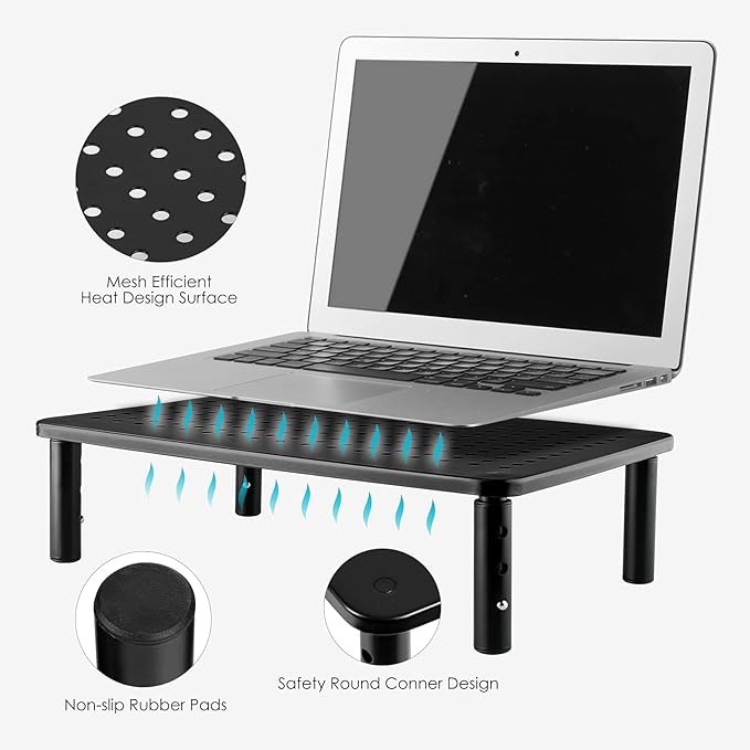 LOTEYIKE Monitor Riser Desktop Stand, Flat Screen TV Monitor Stand Riser, Sturdy Metal Laptop Computer Monitor Stand Shelf for Printer, iMac, 3 Height Adjustable PC Stand with Mesh Platform