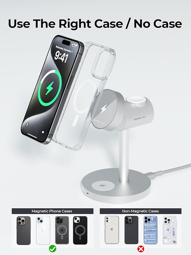 3-in-1 Fast Wireless Charging Station for MagSafe, Qi2 Certified Wireless Charger Stand, Magnetic Charger, MagFusion Wireless Charger for iPhone 17/16/15/14/13/12 Series, Apple Watch, AirPods, Silver