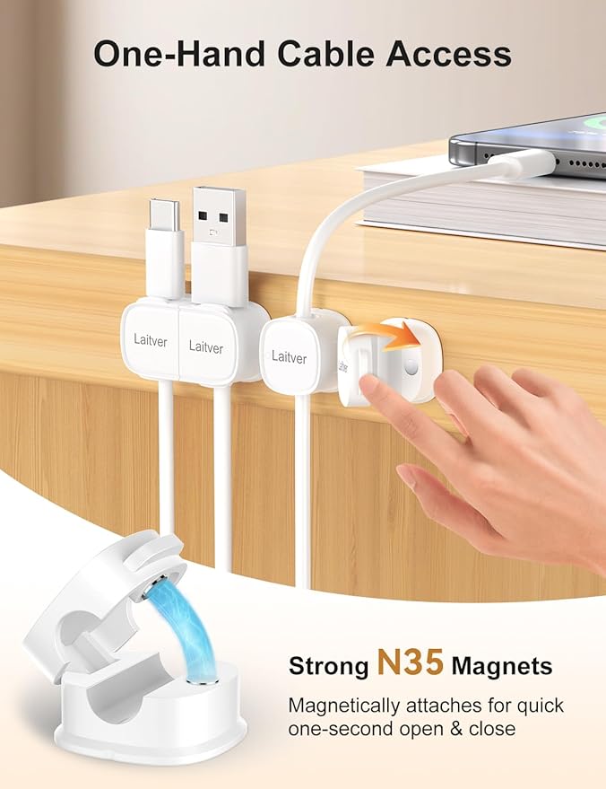 6 Pack Magnetic Cable Clips [1s Open/Lock], Laitver Cord Organizer Holder Strong Adhesive Desk Cable Management- Organize Charging Cords Neatly for Home, Office, Car,Desk, Nightstand