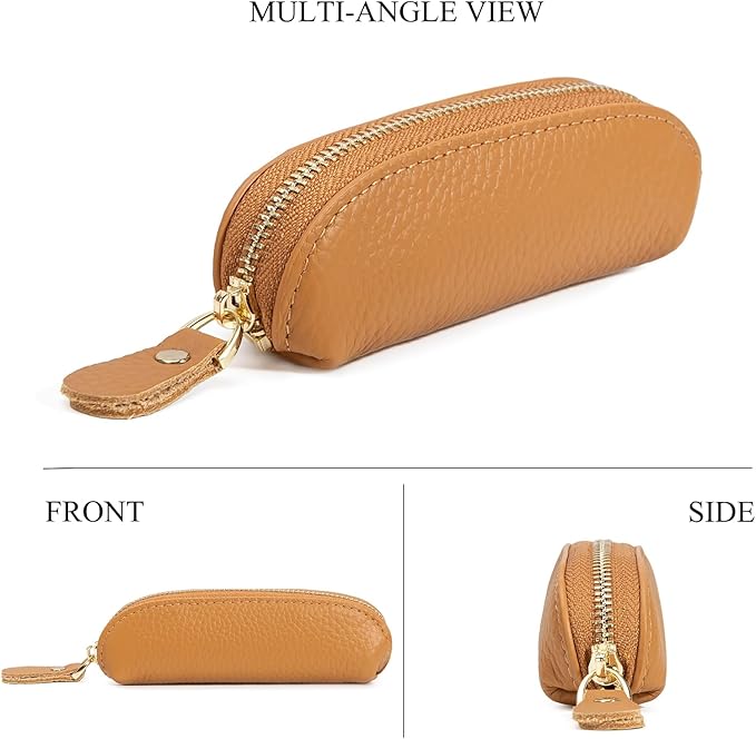 Full Grain Leather Coin Pouch - Travel Small Coin Purse with Zipper - Mini Key Pouch Change Purse for Women and Men (Brown)