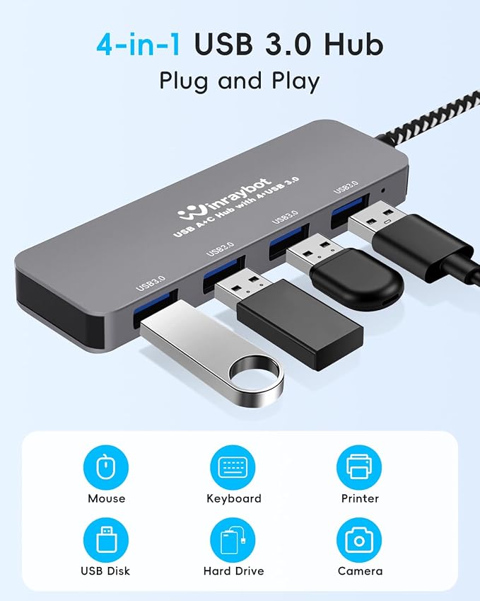 USB Hub for Laptop, 4 Port USB Splitter, USBA Hub to USB 3.0 Port Hub, USBC Splitter Multiple Port Hub, USB Port Extender for Laptop, PC, Desktop and More