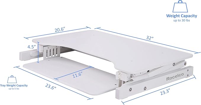 Rocelco 32" Height Adjustable Standing Desk Converter with Anti Fatigue Mat BUNDLE | Sit Stand Up Dual Monitor Riser | Computer Workstation | Large Retractable Keyboard Tray | White (R ADRW-MAFM)