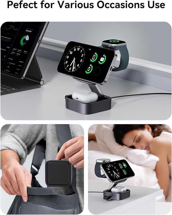 3 in 1 Wireless Charging Station for Apple Devices, Magnetic Foldable Travel Fast Charger Stand Compatible with MagSafe for iPhone Air/17/16/15/14/13/12 Series, Apple Watch & AirPods Pro/4/3/2-Black