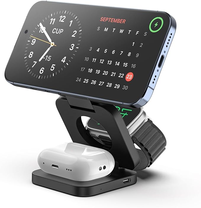 KU XIU Fast Wireless Charger, Magnetic Foldable 3 in 1 Charging Station for iPhone 17/16/15/14/13/12/Pro/Plus/Pro Max, 5W Portable Charger for Apple Watch10/9/8/7/6/5/4/3/SE, for Airpods3/2/Pro-Black