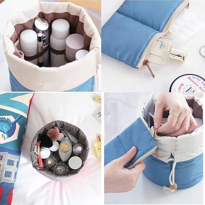 INVODA 2PCS Travel Cosmetic Bags Barrel Makeup Bag Portable Foldable Cases Multifunctional Toiletry Bucket Bags Round Bag Organizer (Blue+Red)