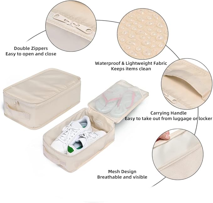 Travel Shoe Bags, Foldable Waterproof Shoe Pouches Organizer-Double Layer (4 Cream Shoe Bag)