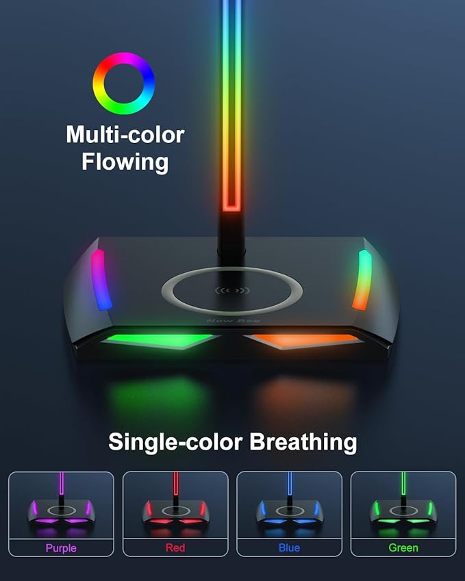 New Bee RGB Headphone Stand with 2 USB-C & 1 USB Charging Ports, Desk Gaming Headset Holder with 7 Light Modes and Non-Slip Rubber Base Suitable for All Earphone Accessories