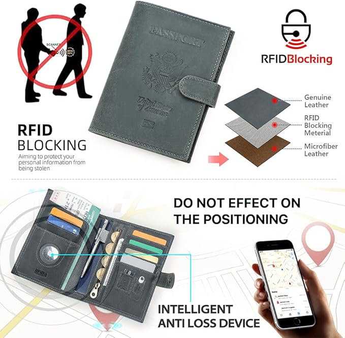 CONTACTS Full Grain Leather Passport Holder with Airtag Slot RFID Blocking Passport Wallet for Men Travel Passport Cover with SIM Card Removal Tool (Badge, Gray)