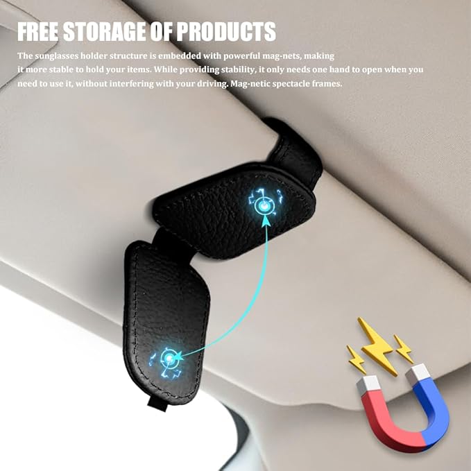 Sunglasses Holders for Car Visor, Sunglass Car Organizer, Leather Magnetic Buckle Sun Visor Sunglass Clip, Car Accessories Ticket Card Clip Sunglasses Mount Fit Truck (Black, 2PCS)