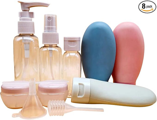 Refillable Travel Bottles Set for Toiletries, Leak Resistant Silicone & Plastic Empty Containers for Shampoo Lotion Conditioner, Carry On Size with Clear Zip Pouch