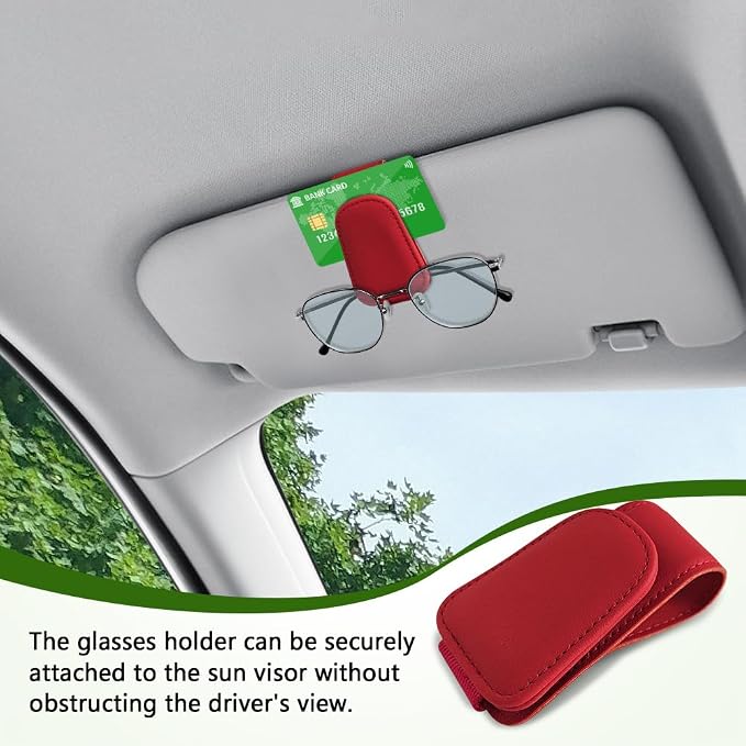 Sunglass Holder for Car, Sunglasses Clip for Car Visor, Magnetic Leather Vehicle Eyeglass Hanger Clip, Auto Ticket Card Glasses Organizer Clamp Accessories for SUV Sedan (Red)