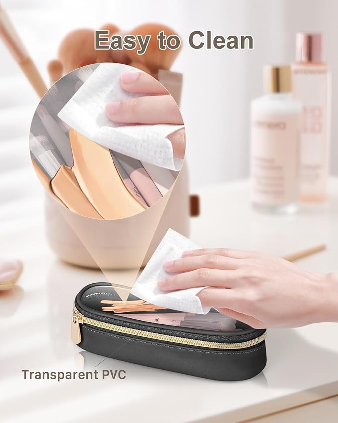Soimeat Clear Travel Makeup Brush Holder, Leather Makeup Brush Toiletry Bag, Portable Cosmetic Brush Case, Transparent Waterproof Makeup Brush Storage Bag, Black