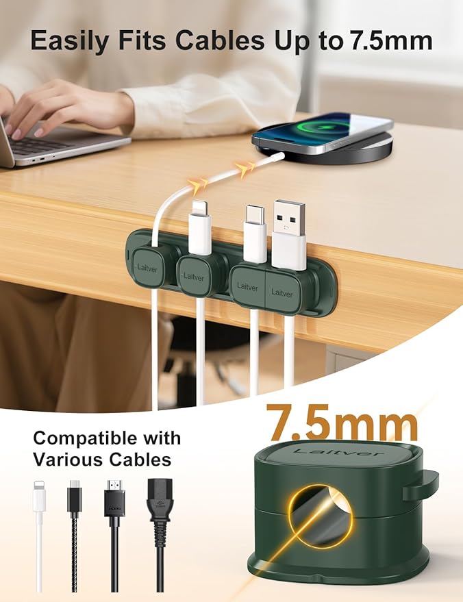 6 Pack Magnetic Cable Clips [1s Open/Lock], Laitver Cord Organizer Holder Strong Adhesive Desk Cable Management- Organize Charging Cords Neatly for Home, Office, Car,Desk, Nightstand-Dark Green
