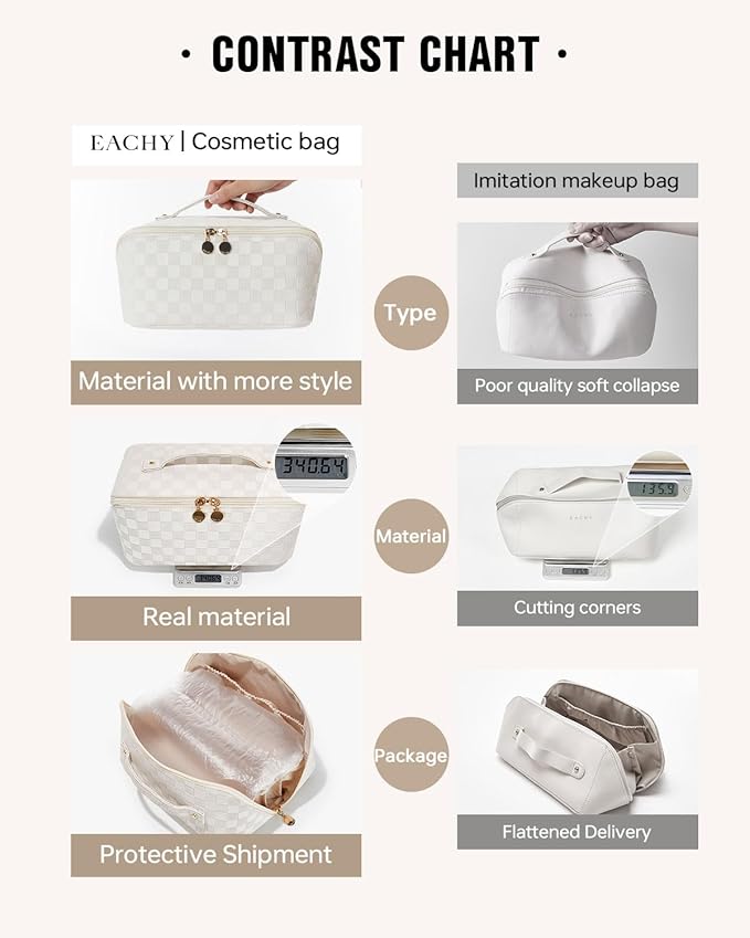 EACHY Travel Makeup Bag, Large Capacity Cosmetic Bag for Women, Waterproof PU Leather, Flat Open Portable Toiletry Bag for Skincare, Brushes & Travel Essentials