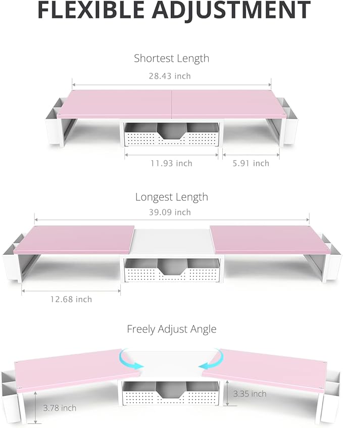 OPNICE Desk Organizers and Accessories, Dual Monitor Stand Riser with Drawer and 2 Pen Holders, Desk Shelf Wood Computer Racks for Office Workspace Organizers, Desktop Organization (Pink-White Wood)