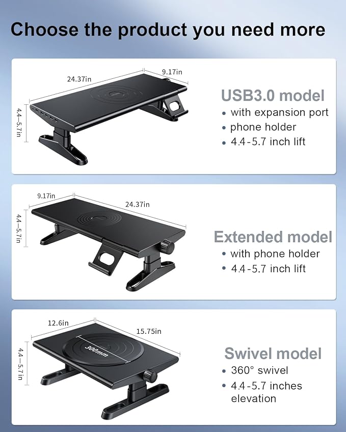 Computer Monitor Stand Riser for Desk,4.4-5.7 Inches Freely Height Adjustable with Cellphone Holder,Multi-Purpose Desktop Organizer Monitor Stands Riser for Computer,Laptop,Printer,TV (BLack)